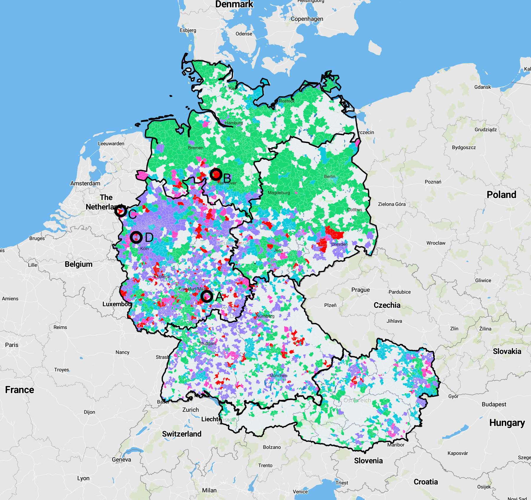 Nitrate distribution in Germany and Austria, all values